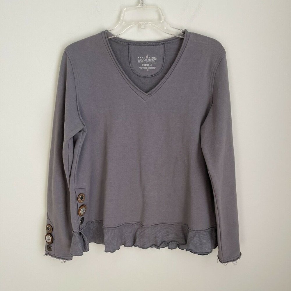 Neon Buddha Womens Gray Sweatshirt Ruffled Hem Button Detail